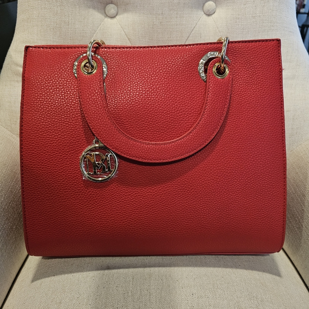 Badgley Mischka Vegan Leather Red Handle Tote Bag